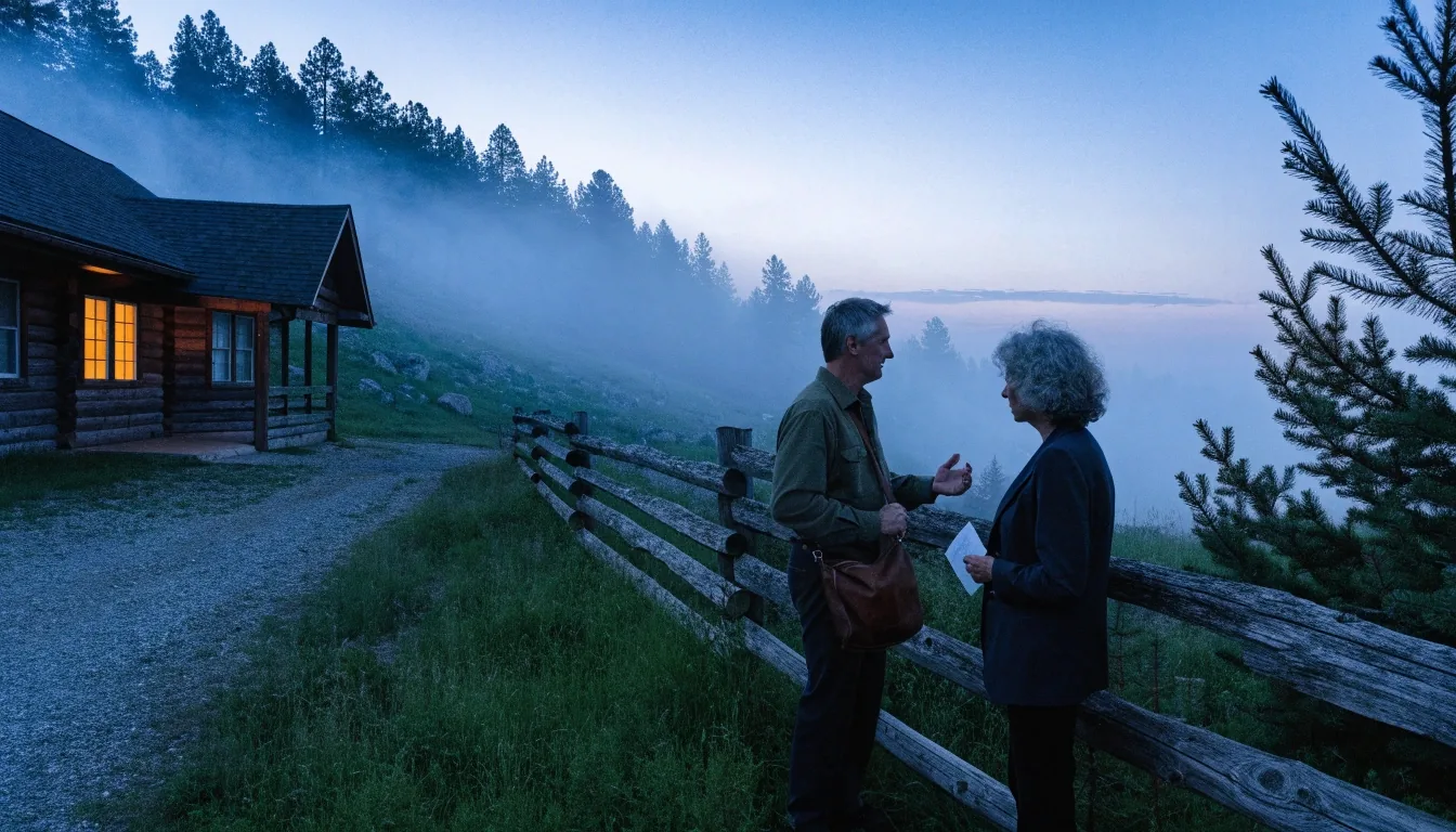 Fog-lit valley parcel with a warm porch light at blue hour
