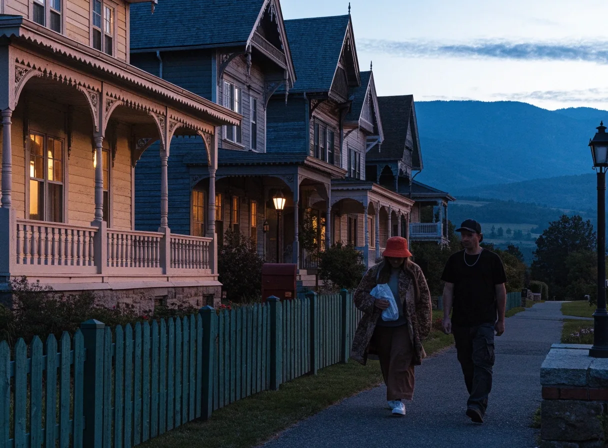 Quiet Kalispell street with lit porches at dusk