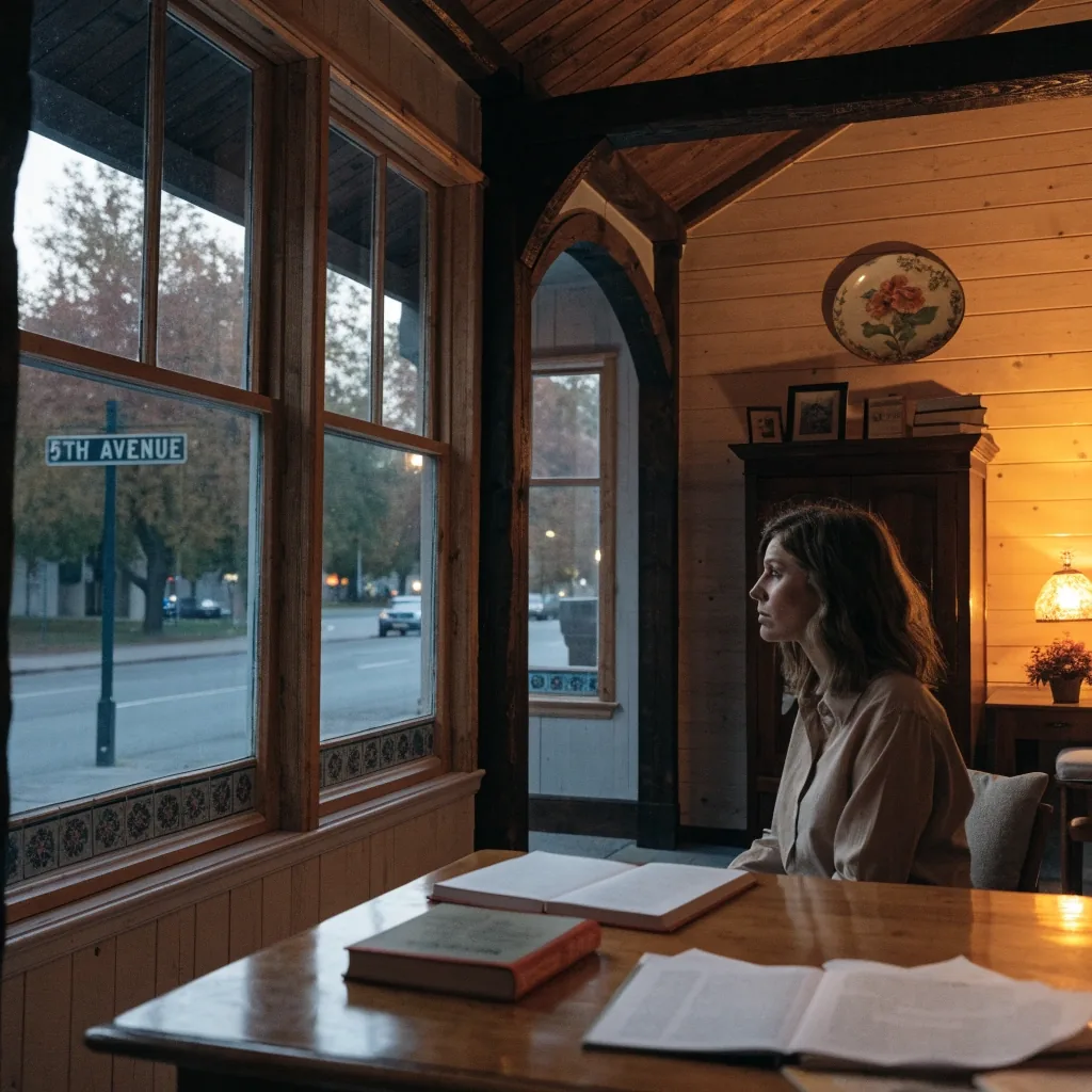 Warm office interior on a Kalispell street at dusk