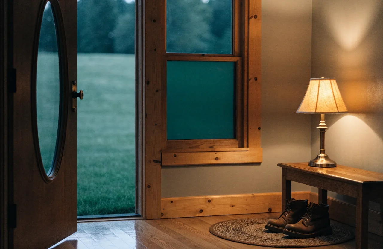 Warm home entry with lamp glow viewed from the doorway