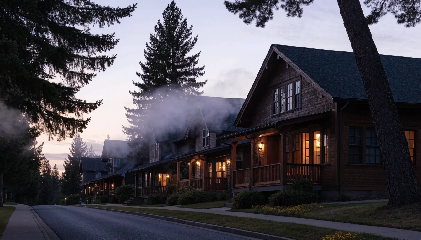 Lit porches along a quiet Kalispell street at dusk