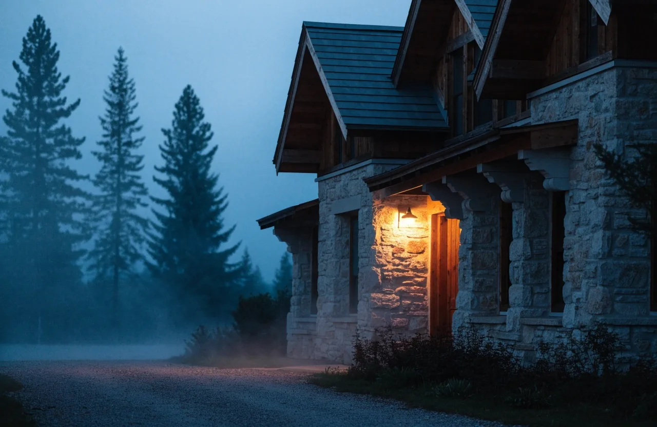 Porch lamp glowing on a stone house at dusk