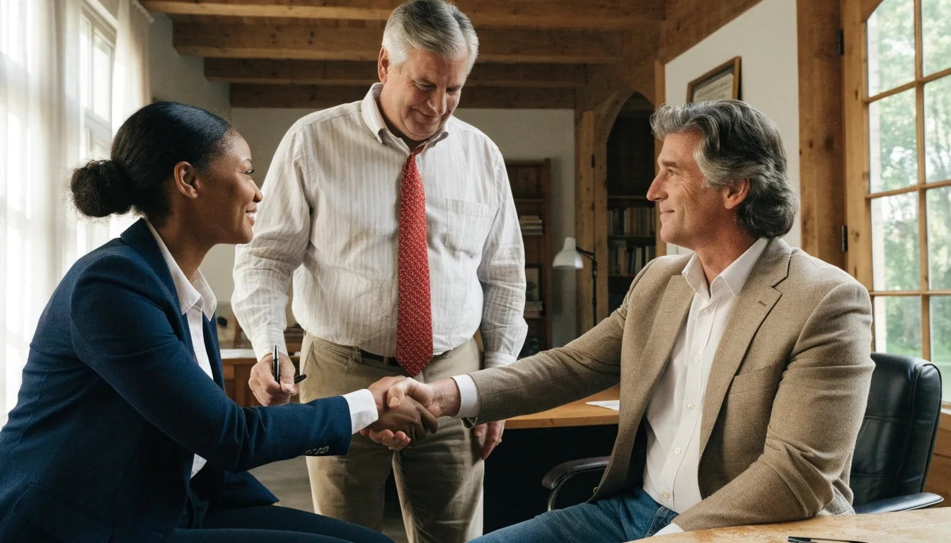 Reviewing home loan papers at a wooden table