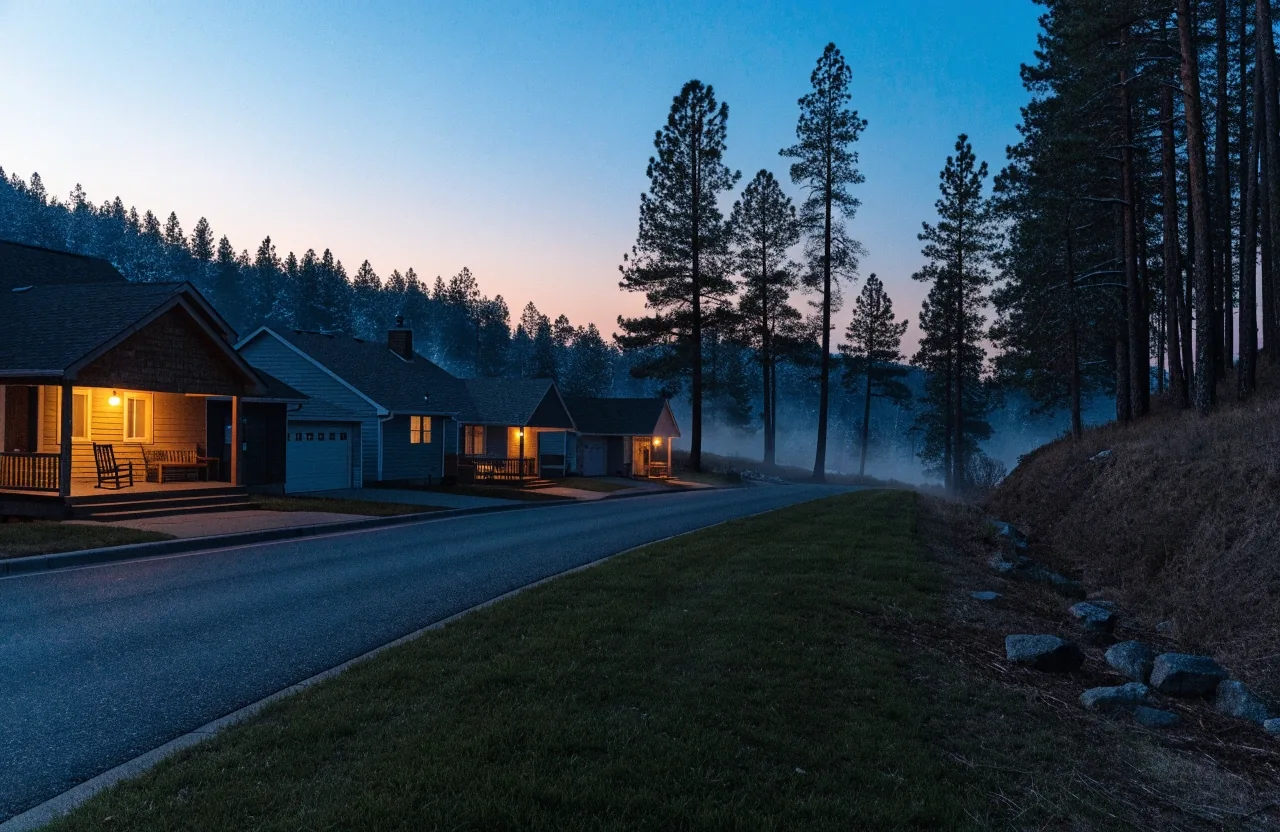 East Kalispell street with lit porches at dusk