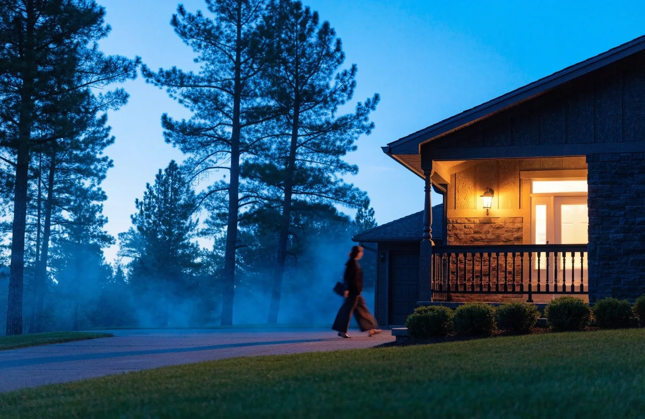 Kalispell house facade at blue hour with porch light and driveway