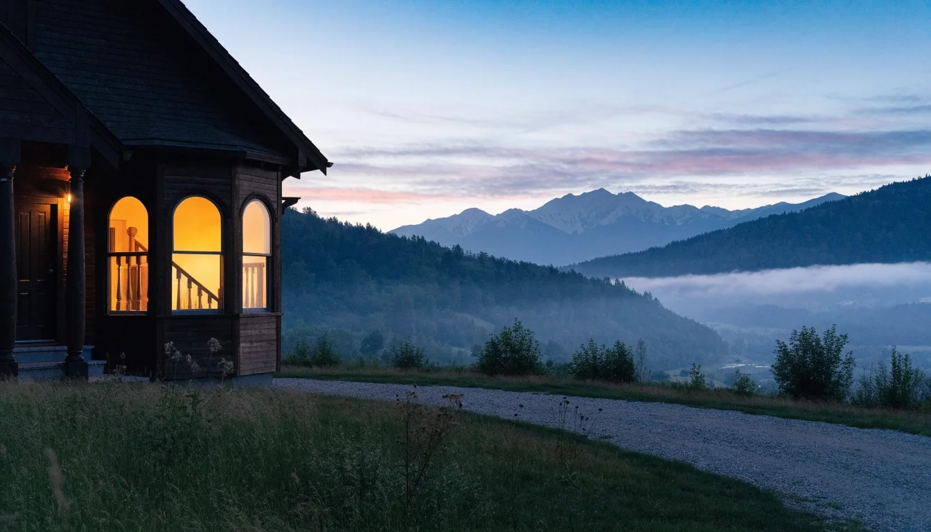 Lit Kalispell home window bay at dusk with fog over the mountains