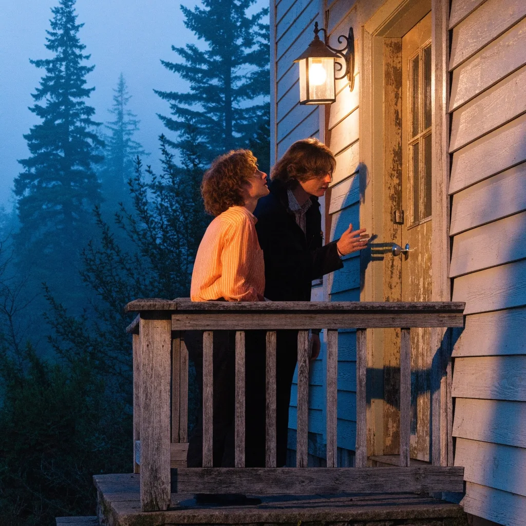 House driveway at blue hour with glowing porch lamp and fog