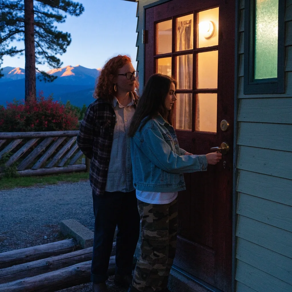 Lit home window bay in Kalispell at dusk with fog over the valley