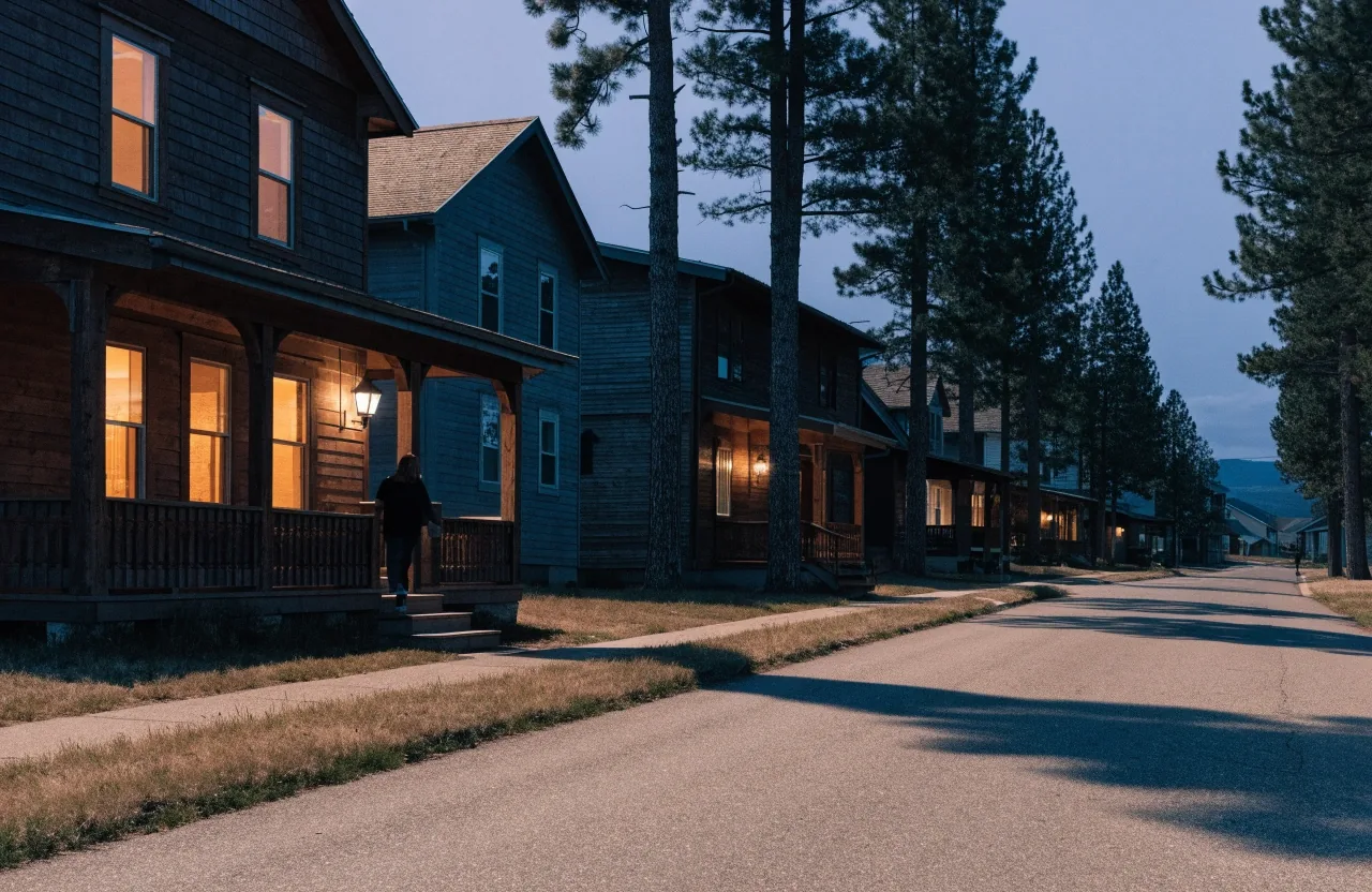 Quiet Kalispell street at dusk with lit porches