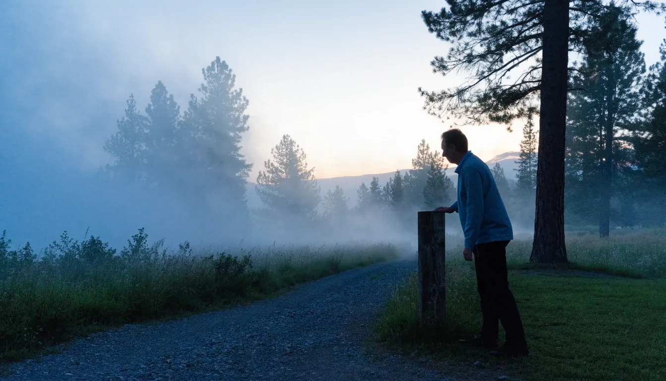 Fog over a Flathead Valley parcel with grass and pines at dusk