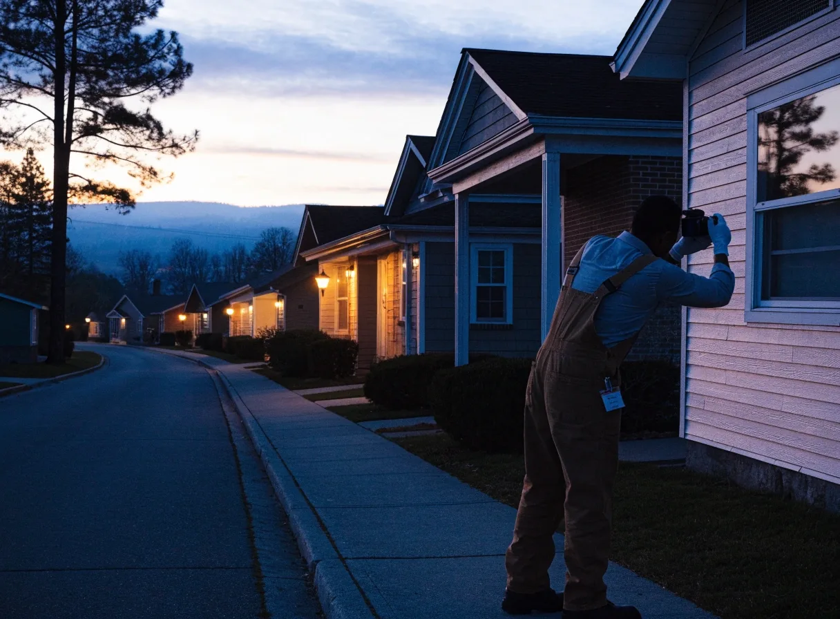 Quiet Kalispell street with lit porches at dusk