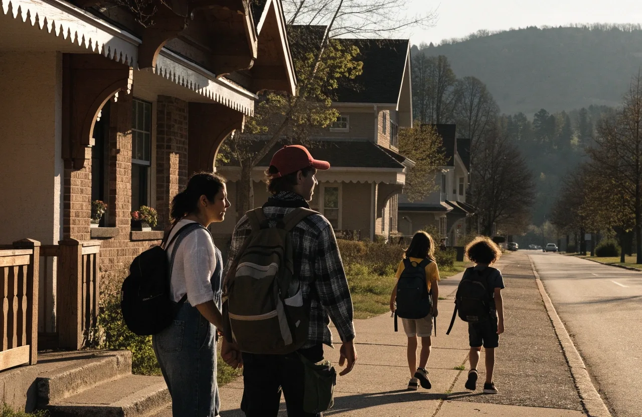 Family walking a Kalispell neighborhood sidewalk in afternoon light