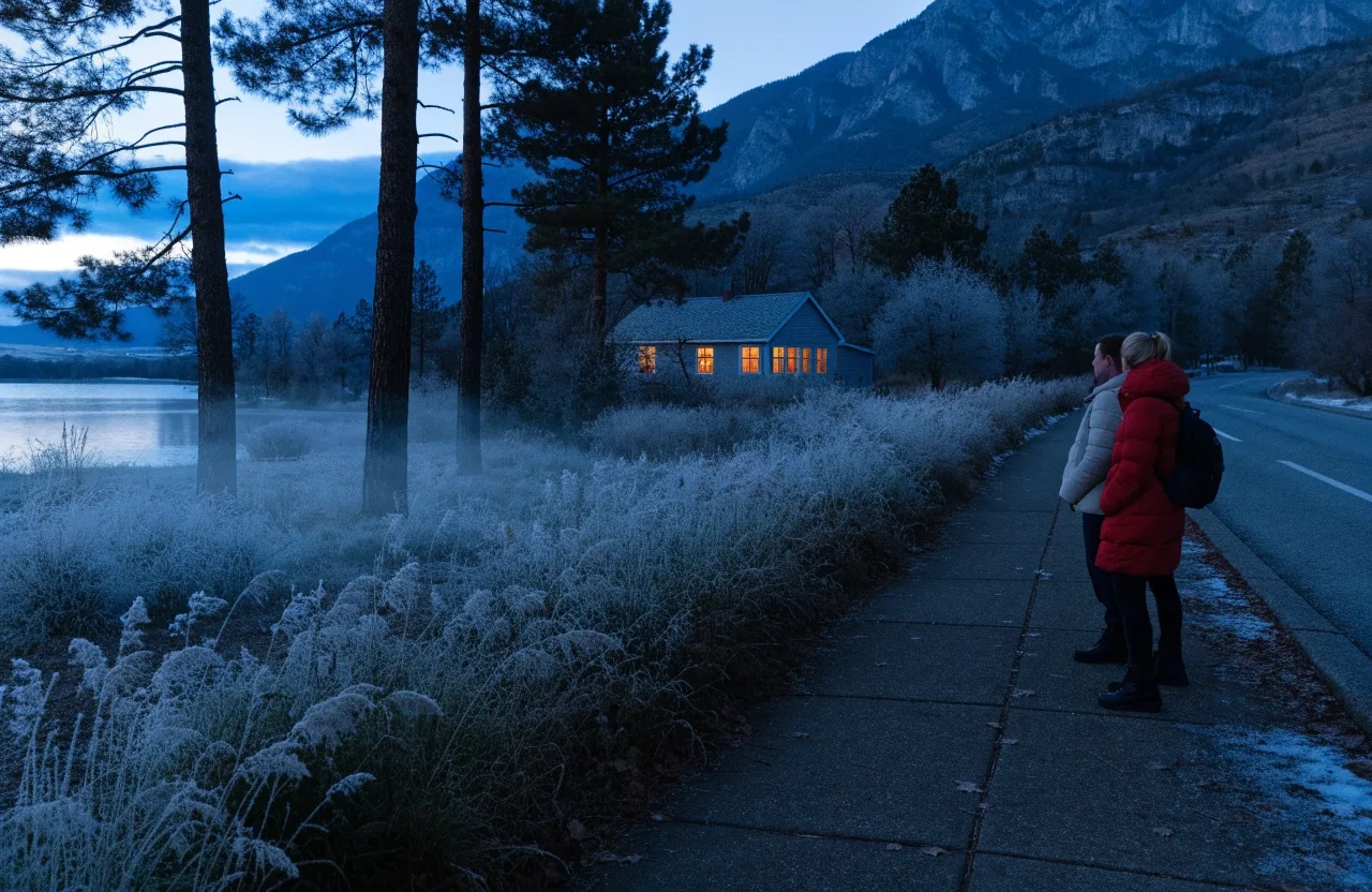 Flathead Valley home with lit windows at blue hour