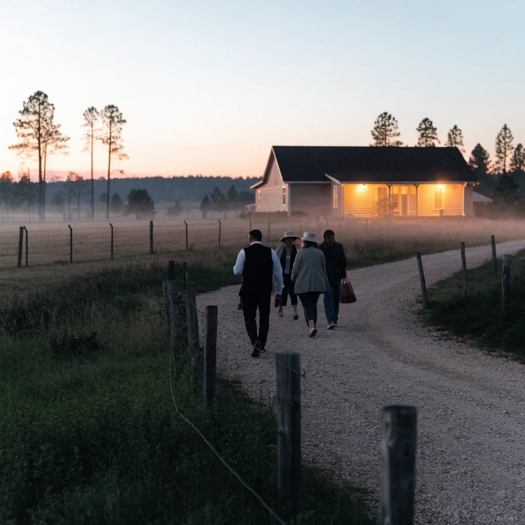 North valley road at dusk with houses and pasture