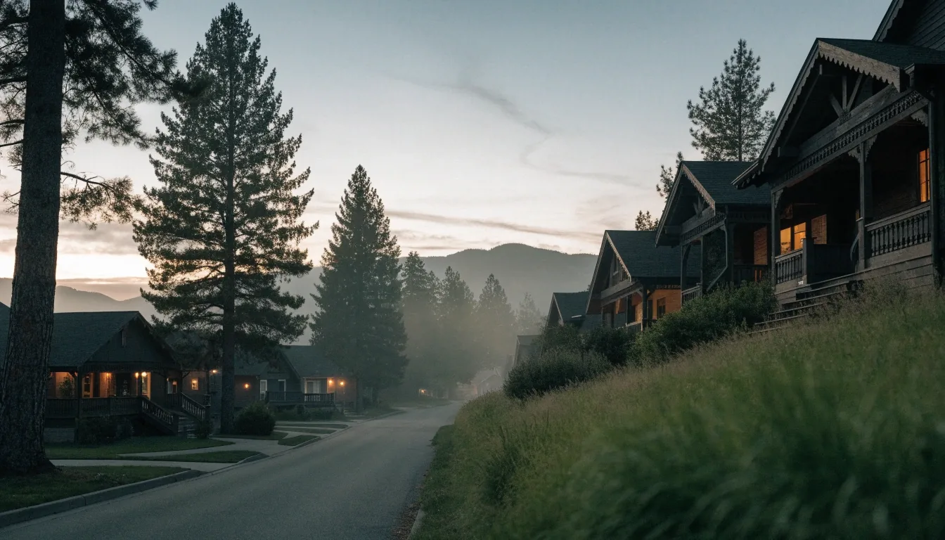 Quiet Kalispell street at dusk with lit porches and fog