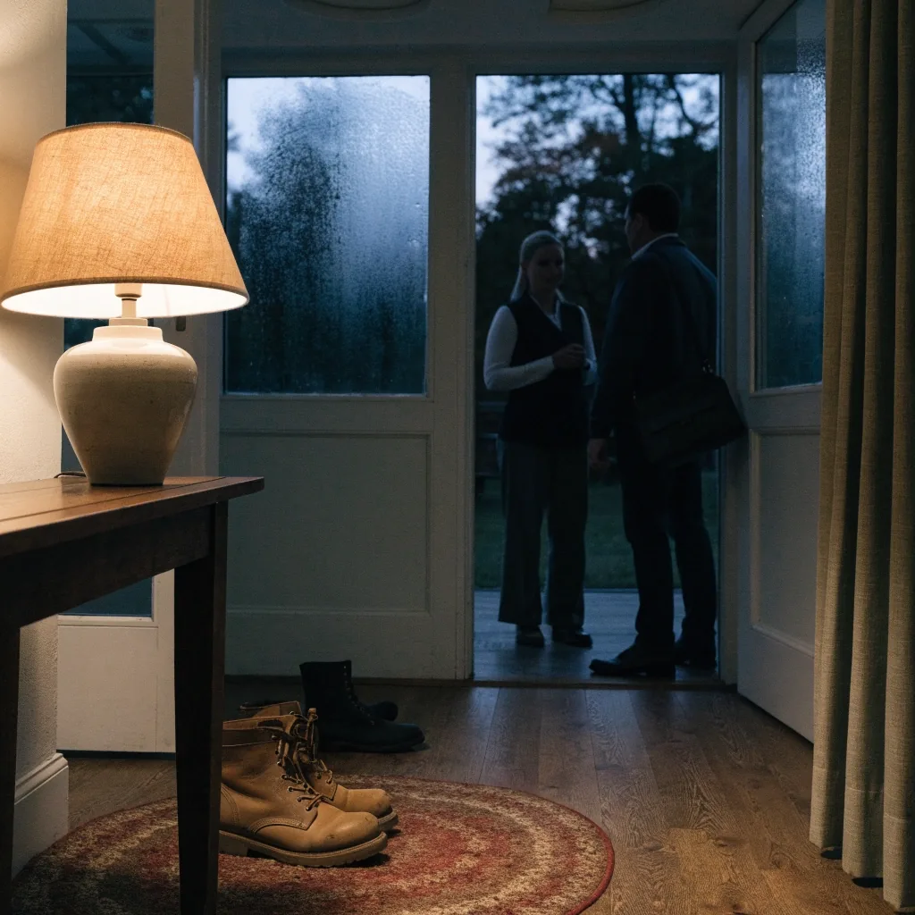 Warm entry interior with lamp glow at dusk