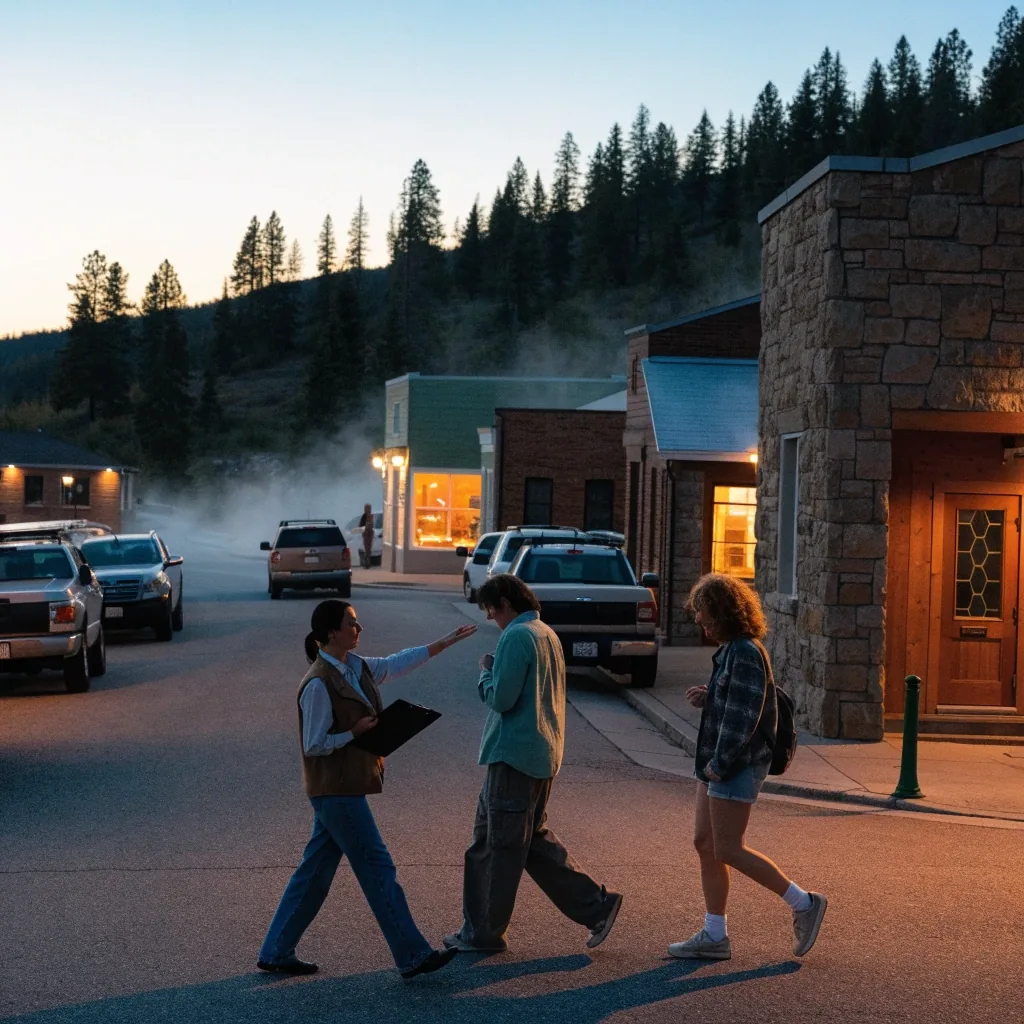 Whitefish area street at dusk with warm lights and pines