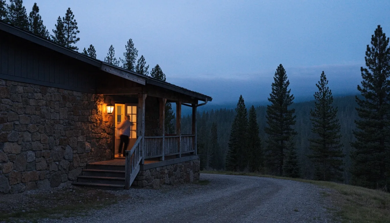 House in Flathead Valley at dusk with porch light glowing