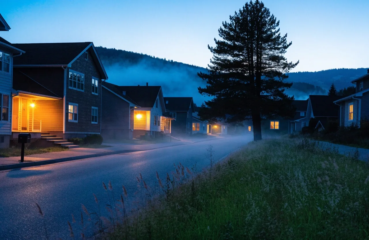 Quiet Kalispell street at dusk with lit porches and fog